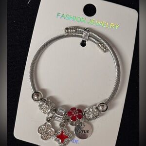 Stainless Steel  Red Floral Clover Love Charm Bracelet